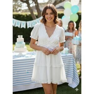 NWOT Altar'd State White Dress Ruffle,V neck,graduation ,coastal romantic Size L